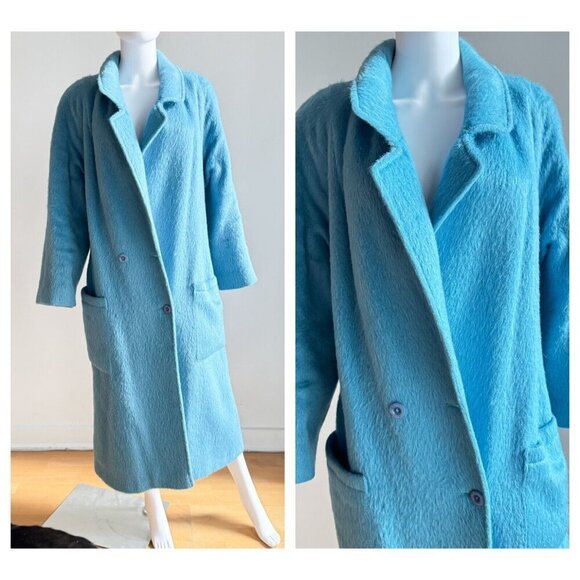 Vintage Light Blue 100% Mohair Wool Winter Coat L - Picture 1 of 11